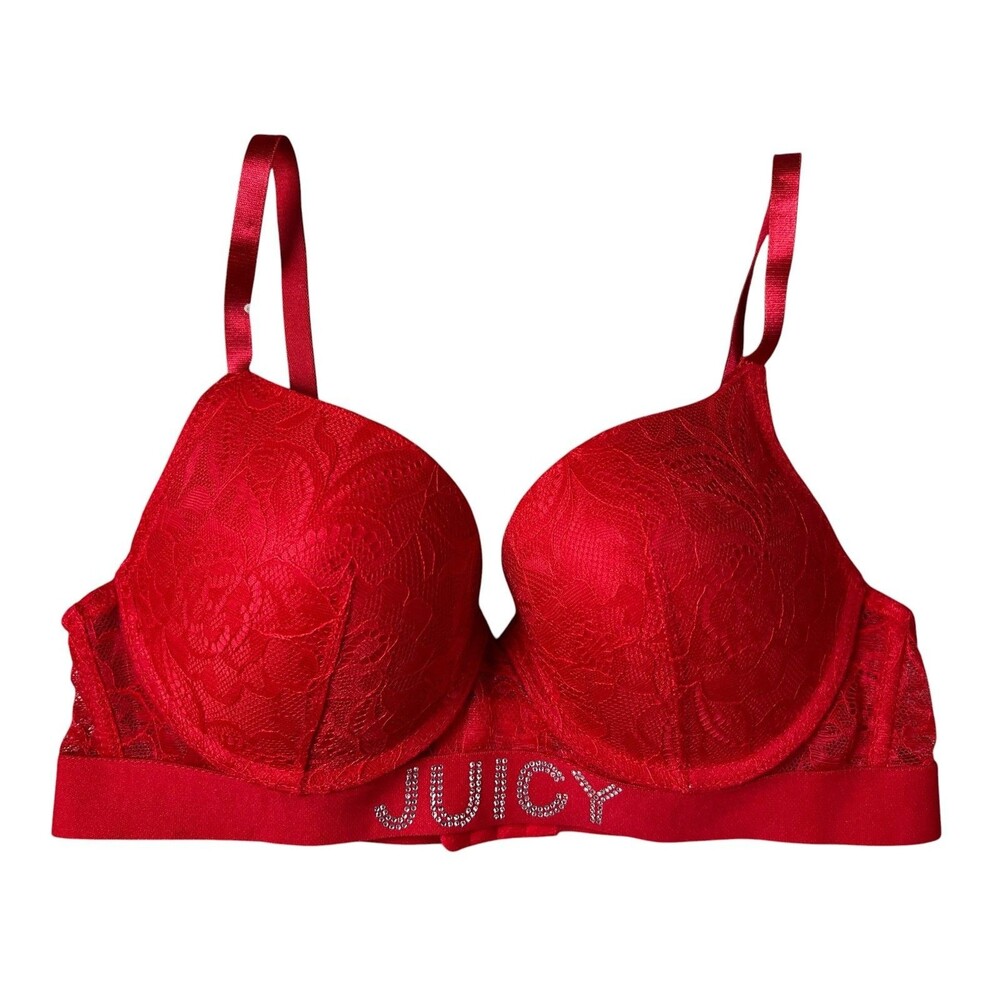 Juicy Couture Padded Push-up Underwire Red Lace Bra Rhinestone Spell-out  34C